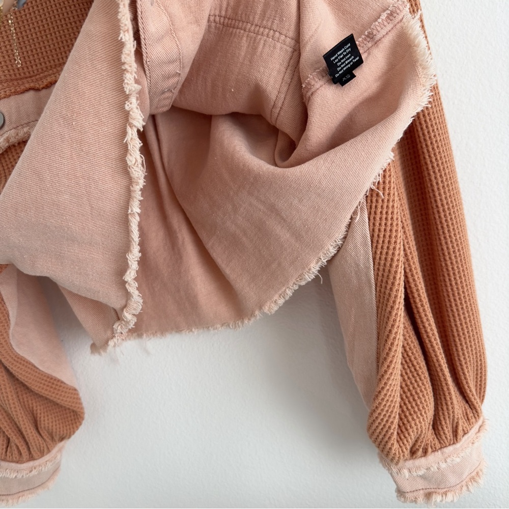 Vici Monica Cotton Waffle Knit Frayed Shacket • Pink Orange Combo - Picture 7 of 11